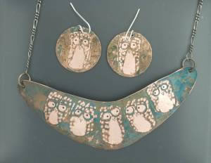 copper patina owl wedge necklace and earring set